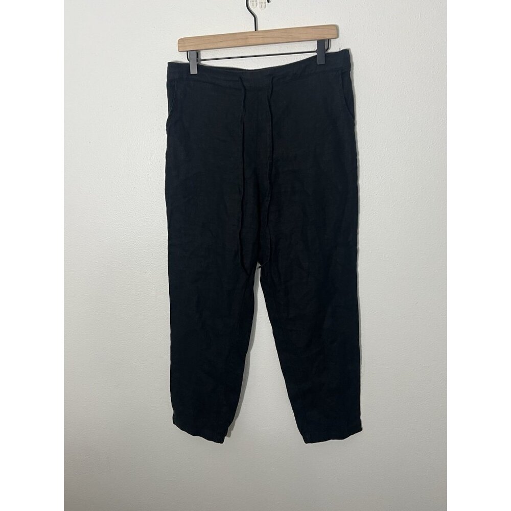 IXIMO 100% Linen Pants Womens Large Elastic Waist Lagenlook Tapered Leg Black